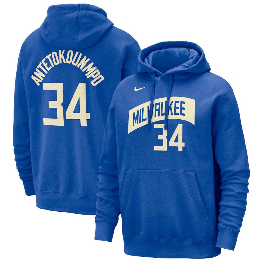 Men Milwaukee Bucks #34 Antetokounmpo Blue Nike Season city version Sweatshirts 23-24 NBA Jersey
